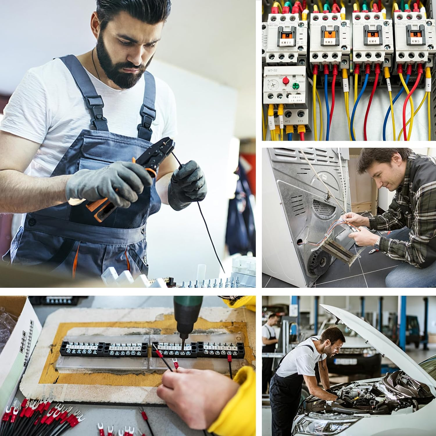 Ein Elektriker arbeitet an elektrischen Leitungen, ein Stromverteiler und ein Auto-Motor.