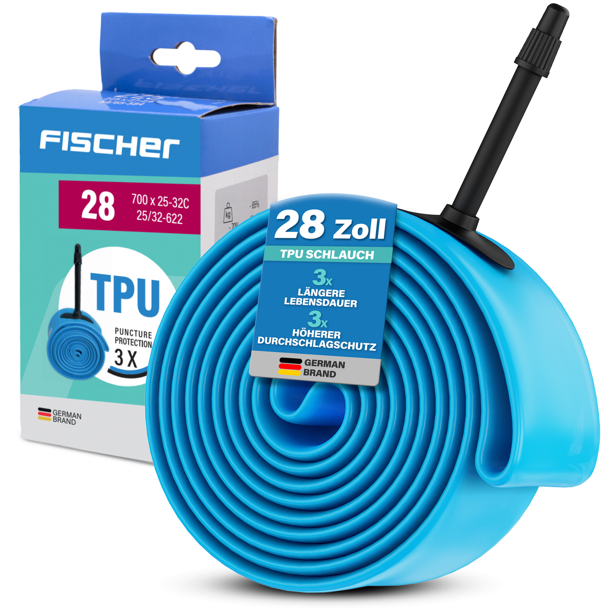 Ein blauer Fahrradschlauch von Fischer, 28 Zoll, mit Ventil und Verpackung.