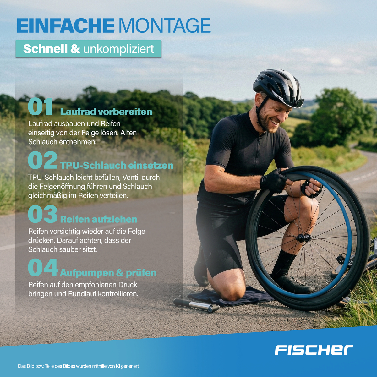 Mann montiert Fahrradreifen mit Anleitung auf Deutsch. FISCHER Logo.