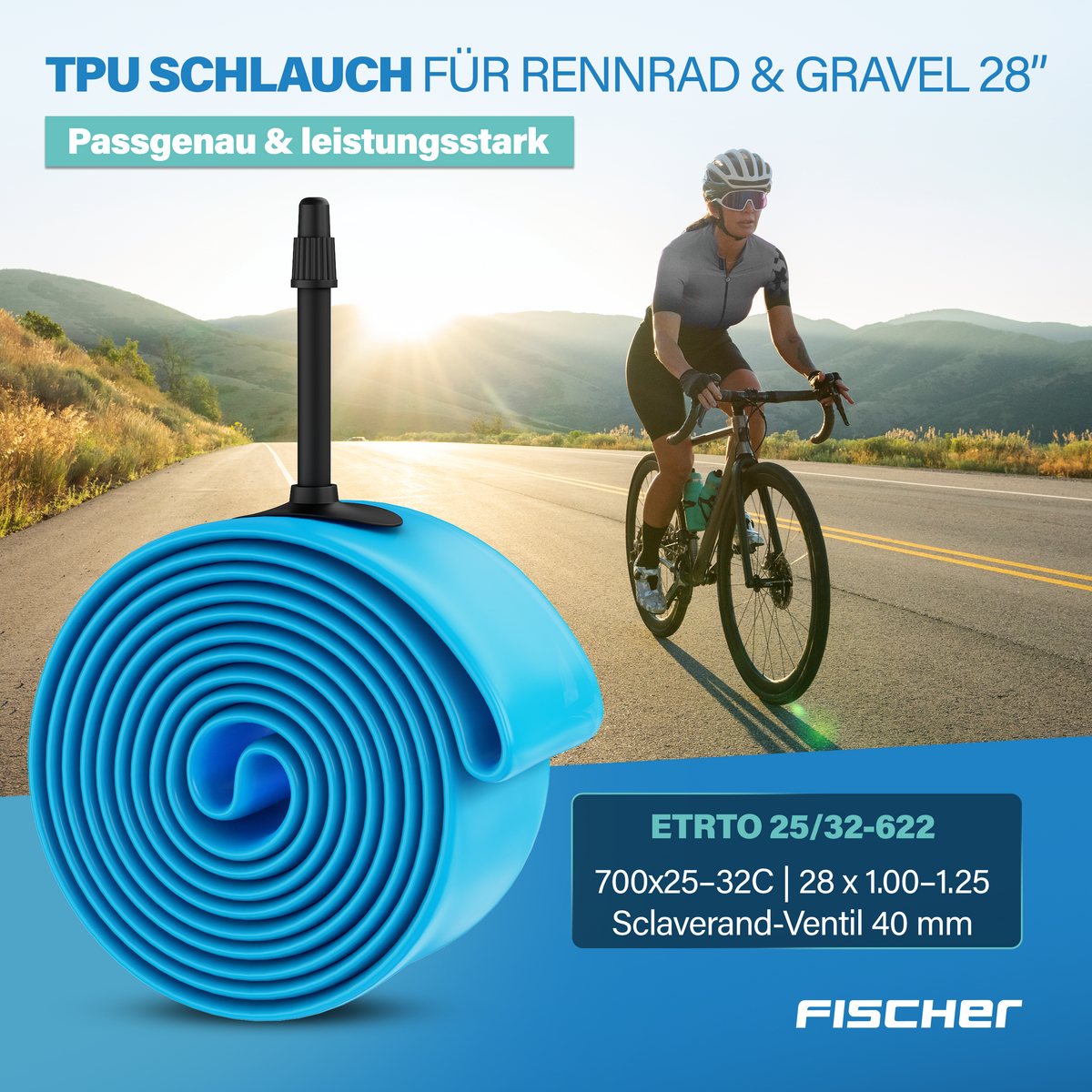 Blauer Fahrradschlauch und Rennradfahrerin auf Straße mit Bergkulisse.