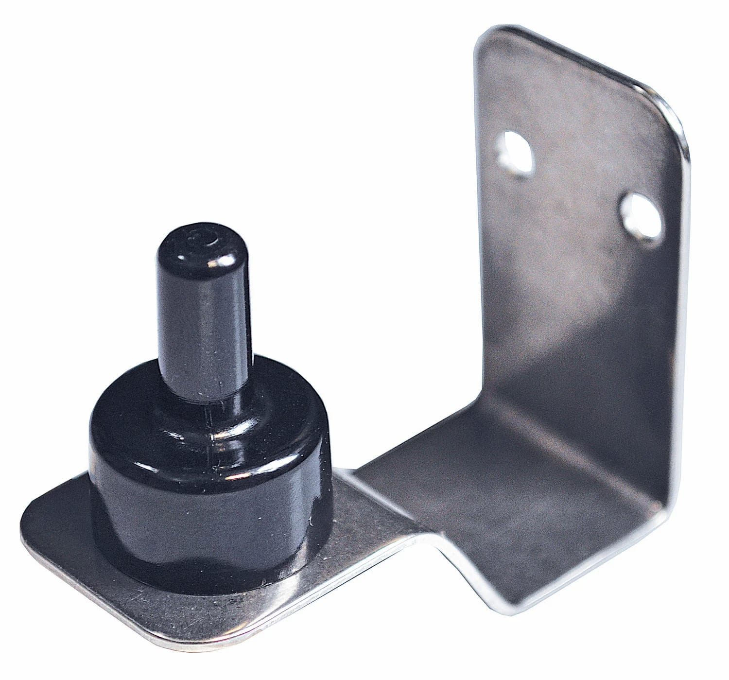 A black pin on an L-shaped metal bracket with two holes.