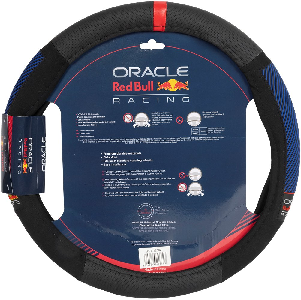 Coprivolante nero con strisce rosse e blu e logo Oracle Red Bull Racing.