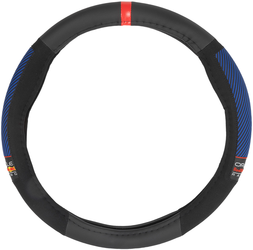 Coprivolante nero con strisce blu, accento rosso e logo Red Bull.