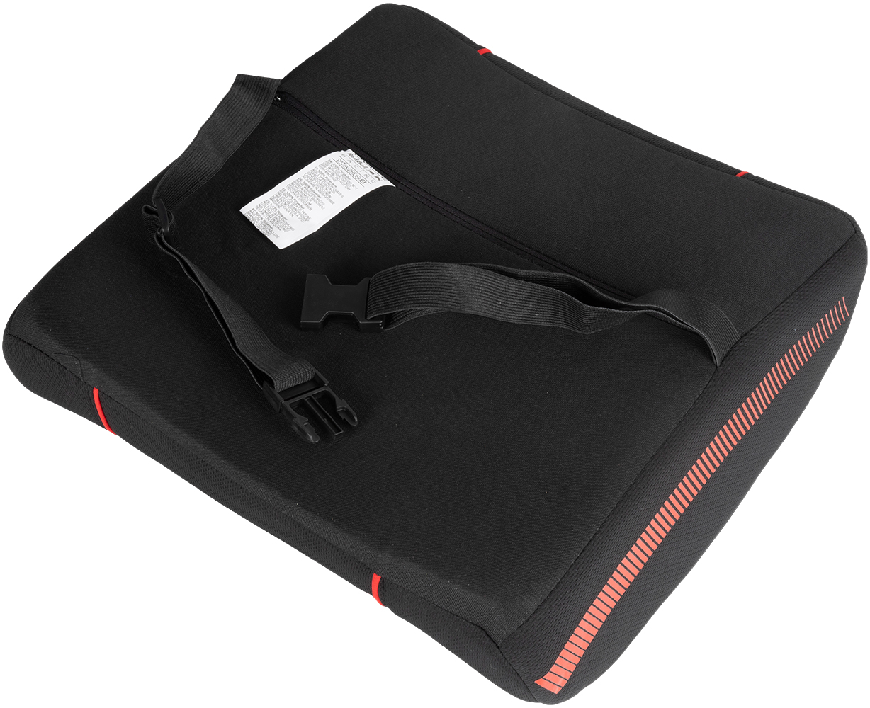 Cuscino nero con strisce rosse, cinghia regolabile e fibbia.