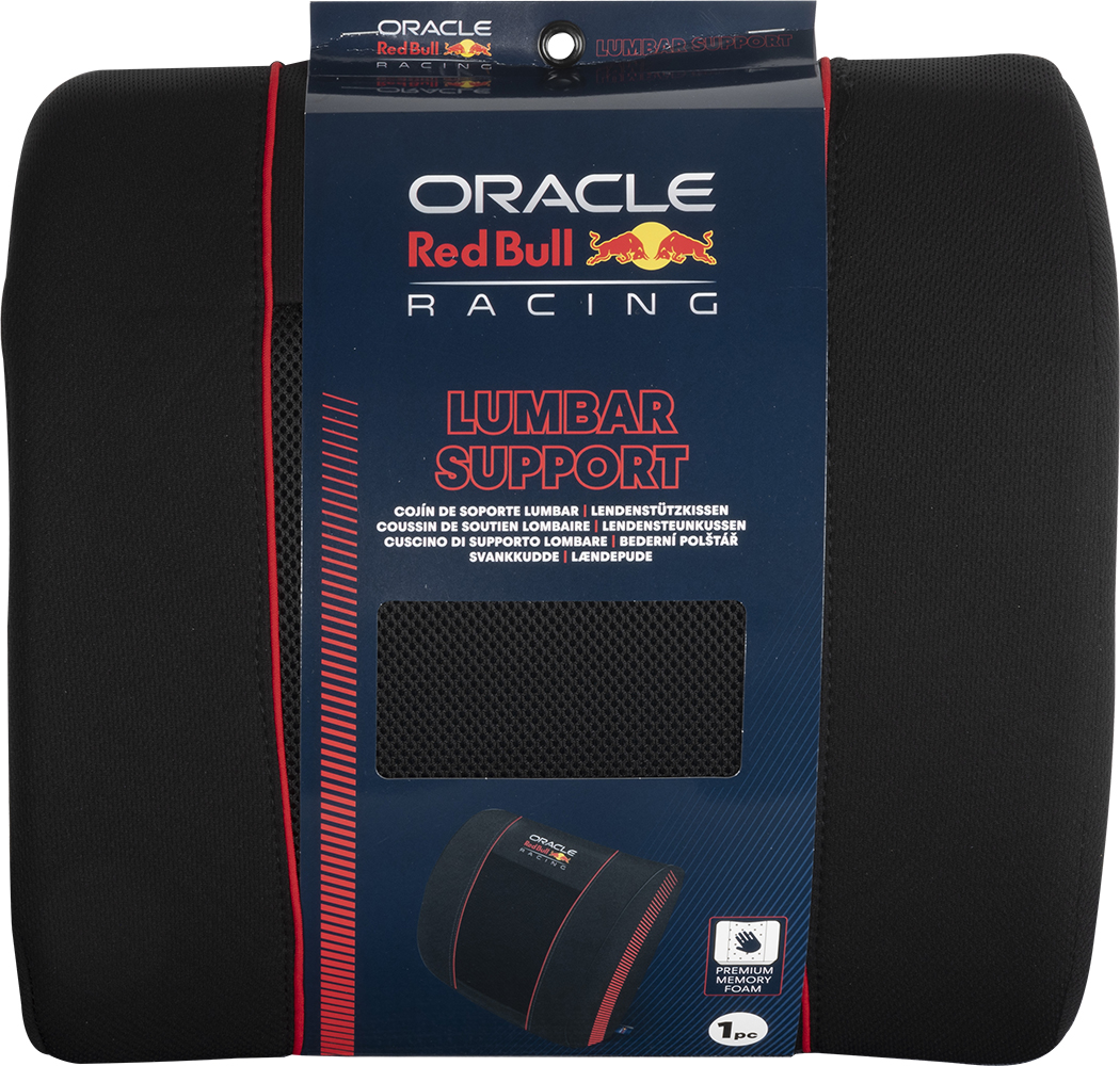 Cuscino di supporto lombare nero con marchio Red Bull Racing e bordo rosso.