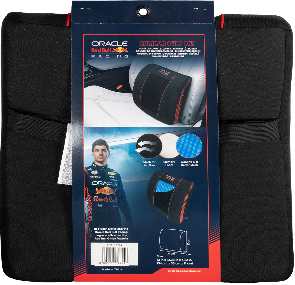 Confezione per supporto lombare con Max Verstappen e immagini prodotto.