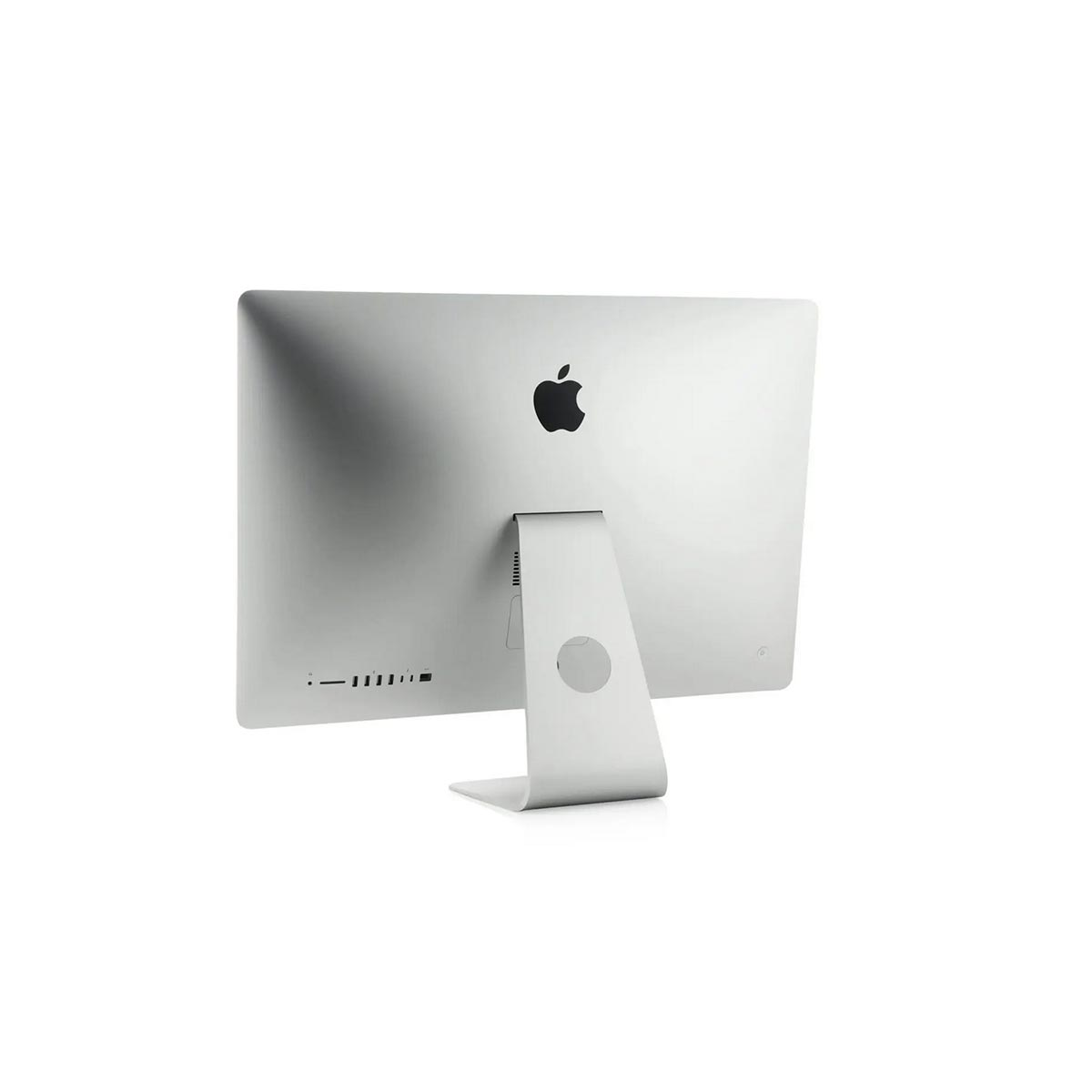 Tył srebrnego iMac-a z logo Apple i podstawką.