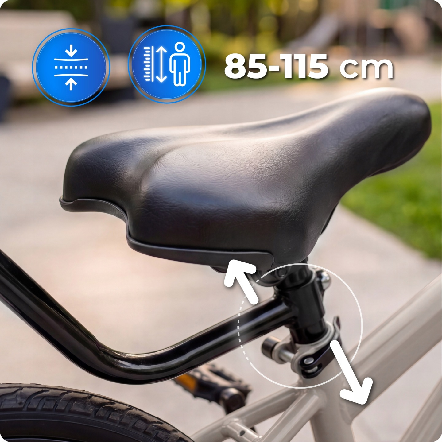 Siedzisko rowerowe z regulacją wysokości 85-115 cm, idealne dla dzieci.