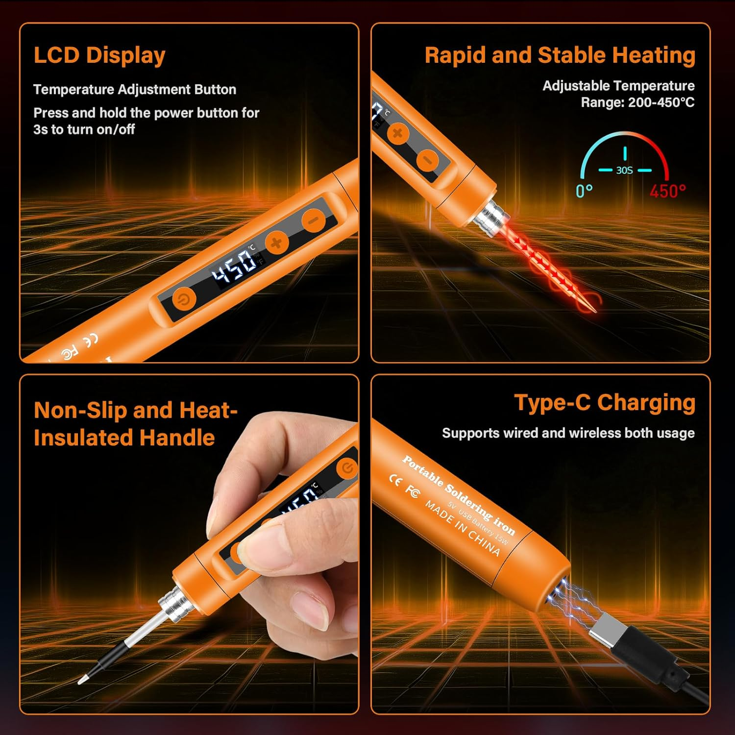Orange Lötpistole mit LCD-Anzeige, C-Typ-Laden und Heizfunktion.