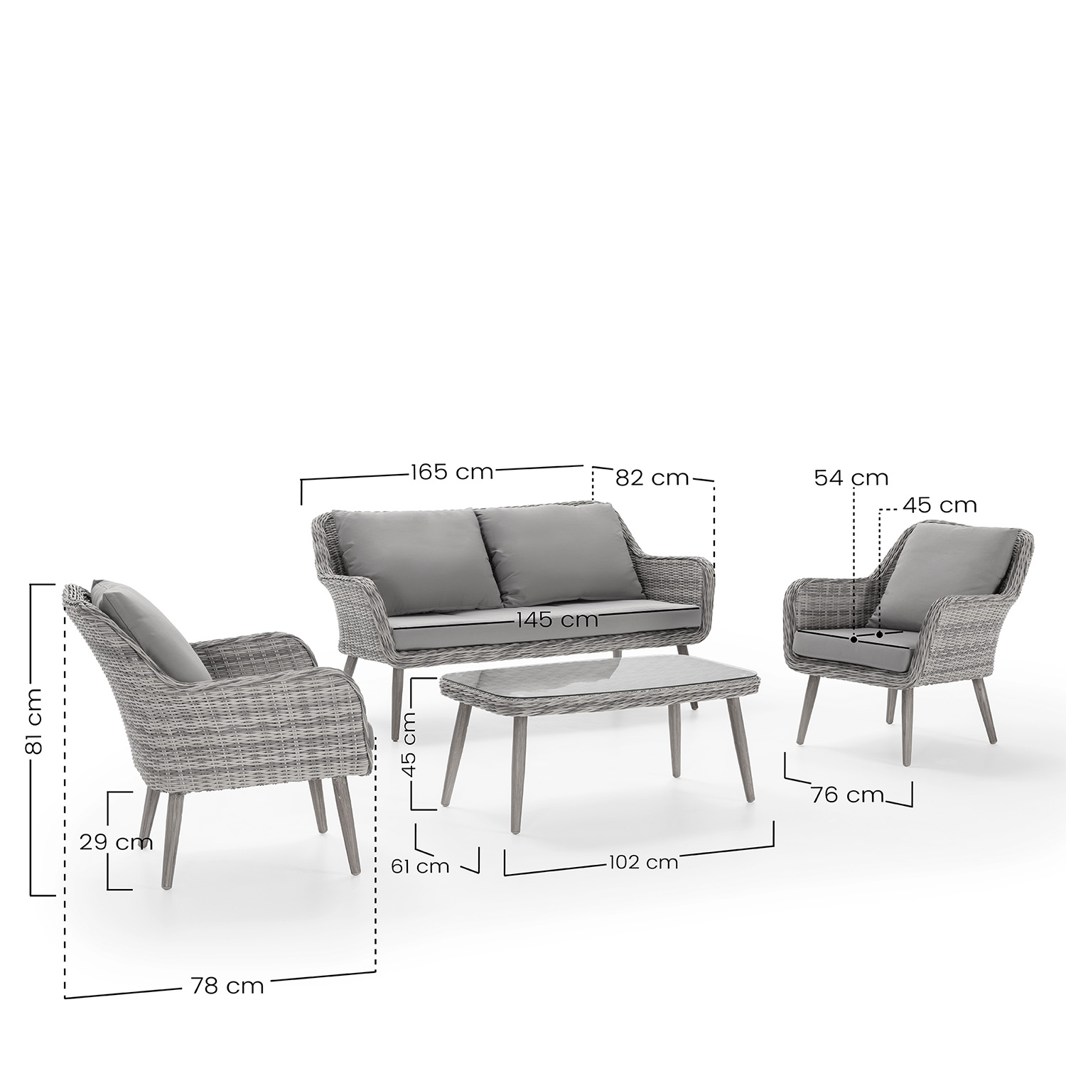 Muebles de jardín de ratán gris: sofá de dos plazas, sillón y mesa de centro.