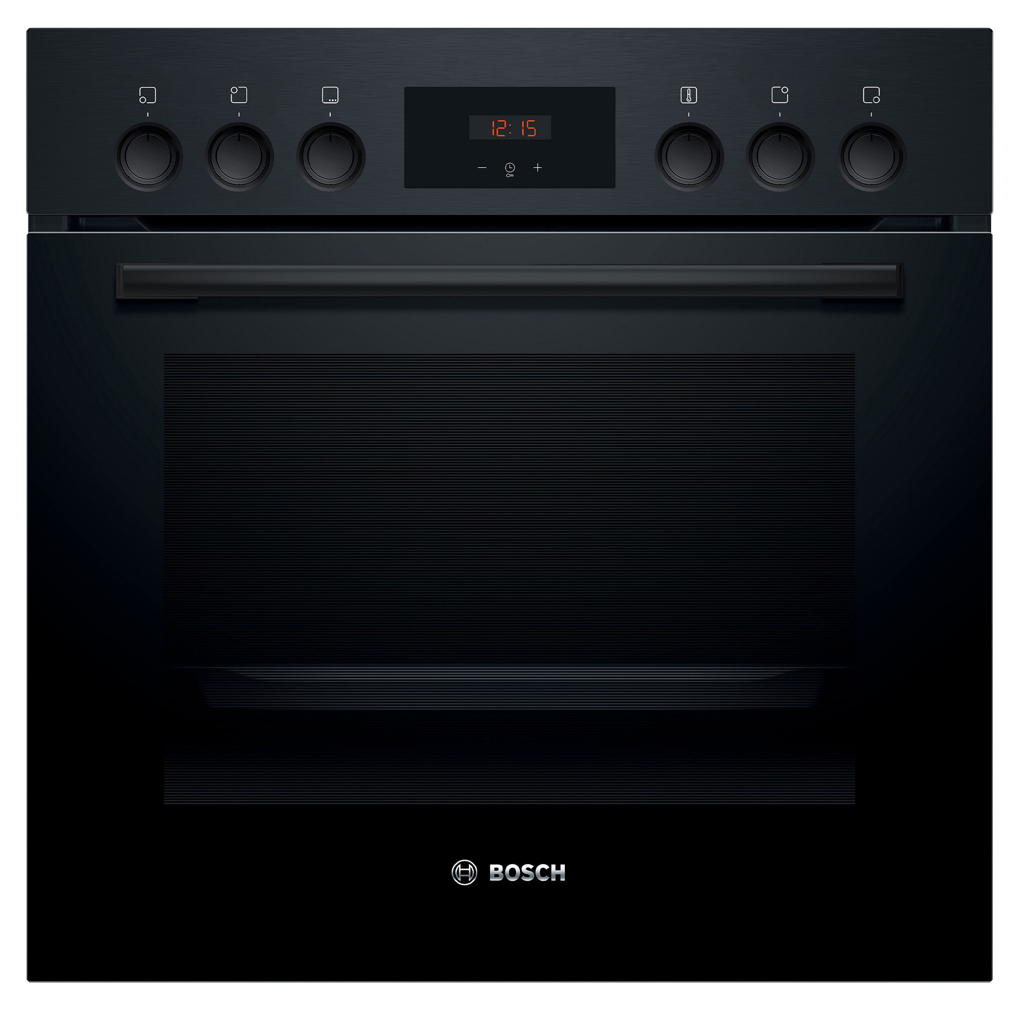 Schwarzer Ofen mit digitaler Anzeige und Drehknöpfen. Bosch-Logo unten.