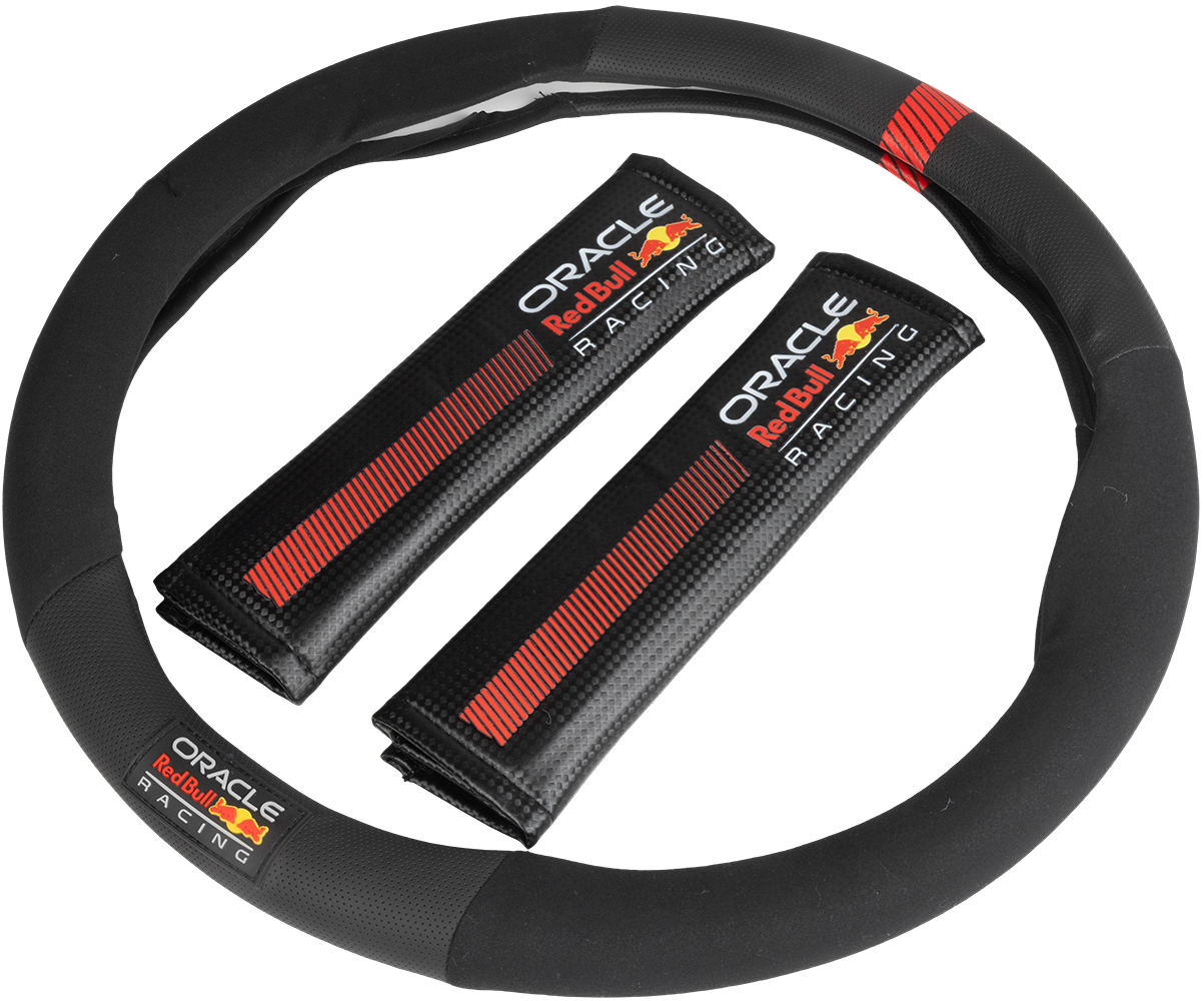 Coprivolante nero con loghi Red Bull Racing, su sfondo bianco.
