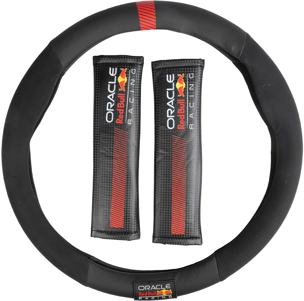 Coprivolante nero con striscia rossa e due copri cintura Oracle Red Bull Racing.
