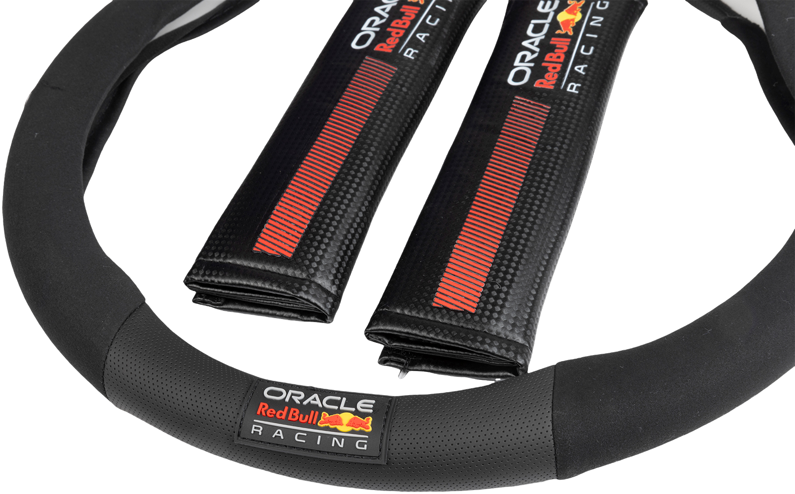 Coprivolante nero con logo Oracle Red Bull Racing e due copri cinture.