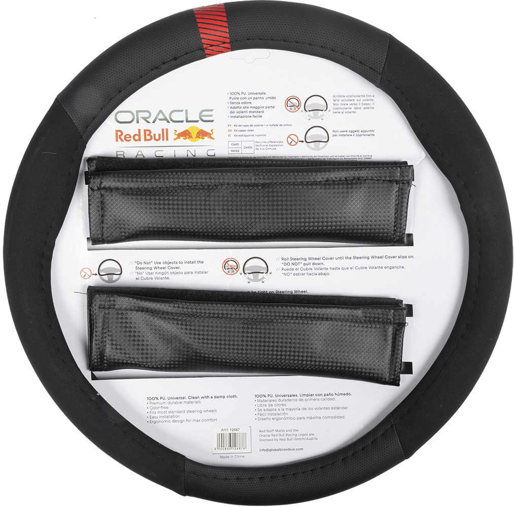 Coprivolante nero con logo Oracle Red Bull Racing, effetto carbonio e strisce rosse.