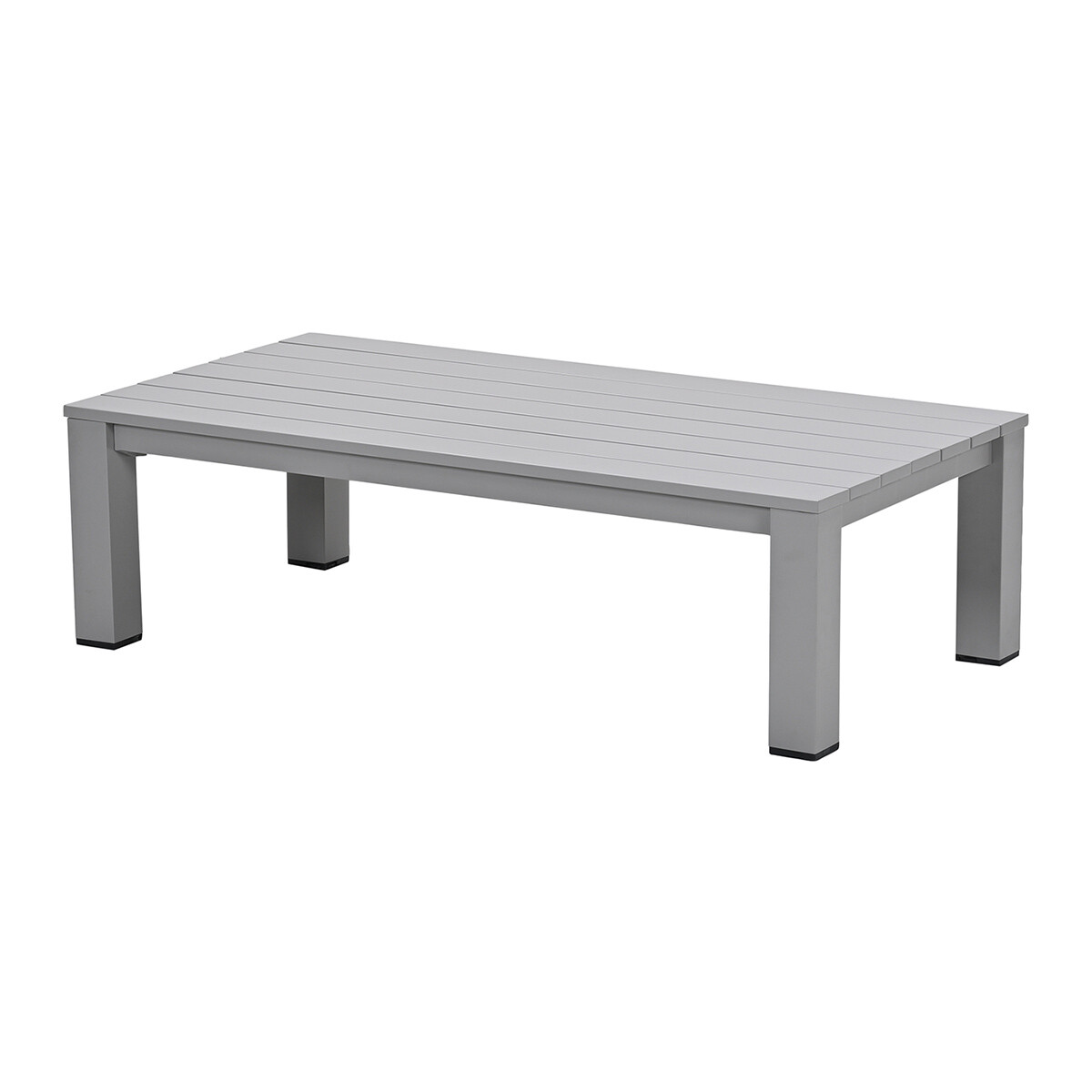 A gray rectangular table with a slatted top and four legs.