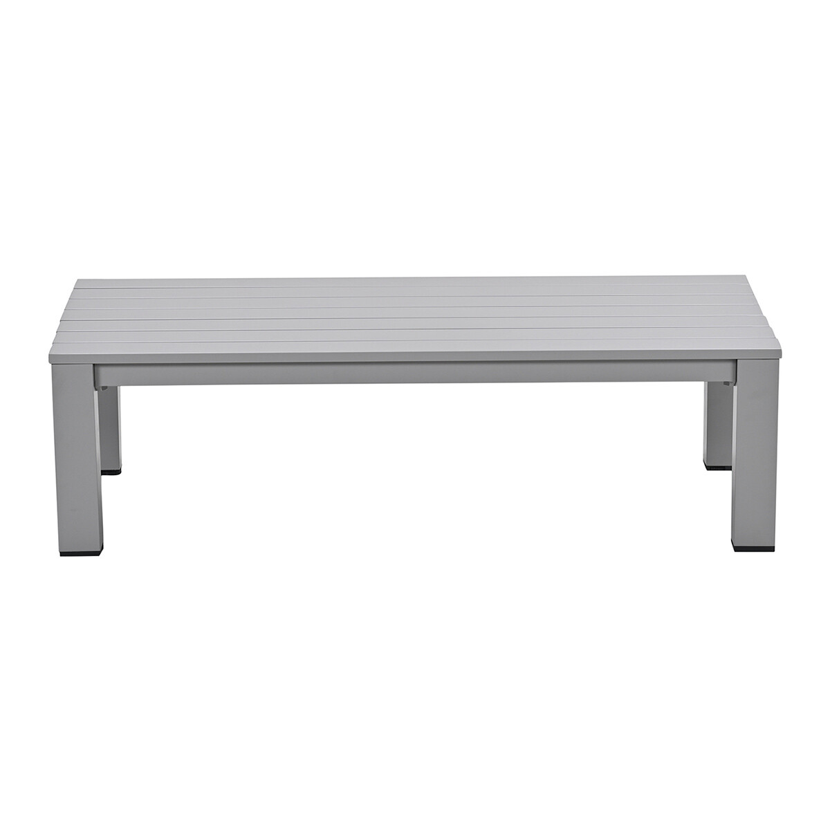 A grey rectangular table with a slatted top and four legs.