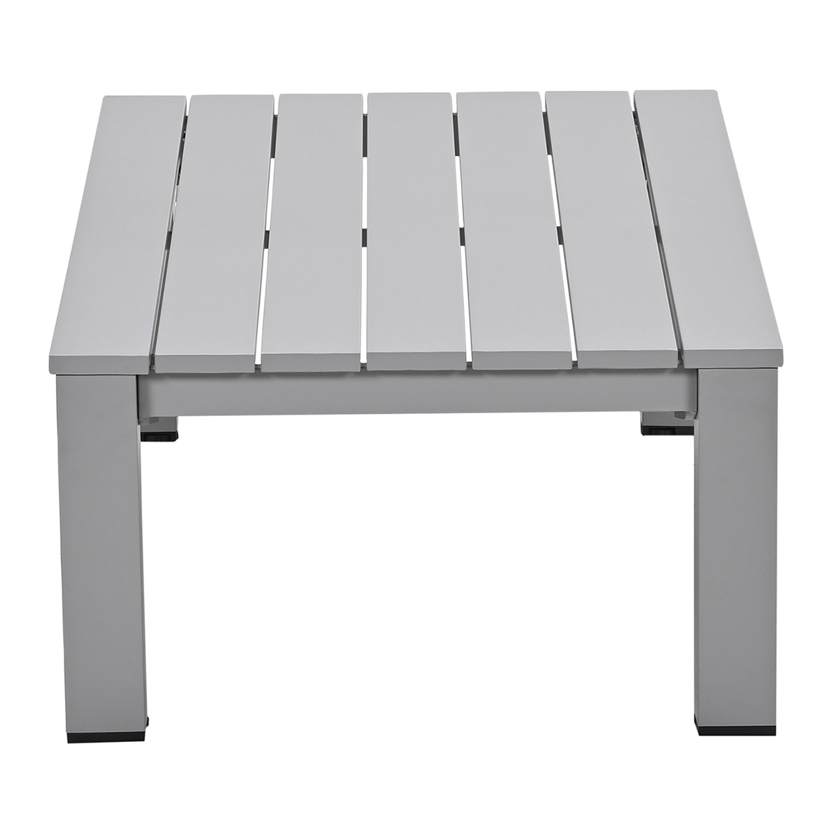 Gray wooden table with slatted top and metal legs, on a white background.