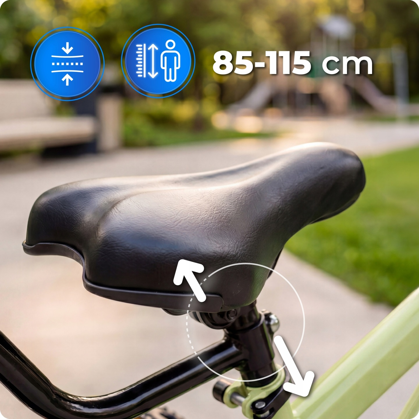 Czarna siodełko rowerowe ze wskaźnikami regulacji wysokości i zakresem 85-115 cm.