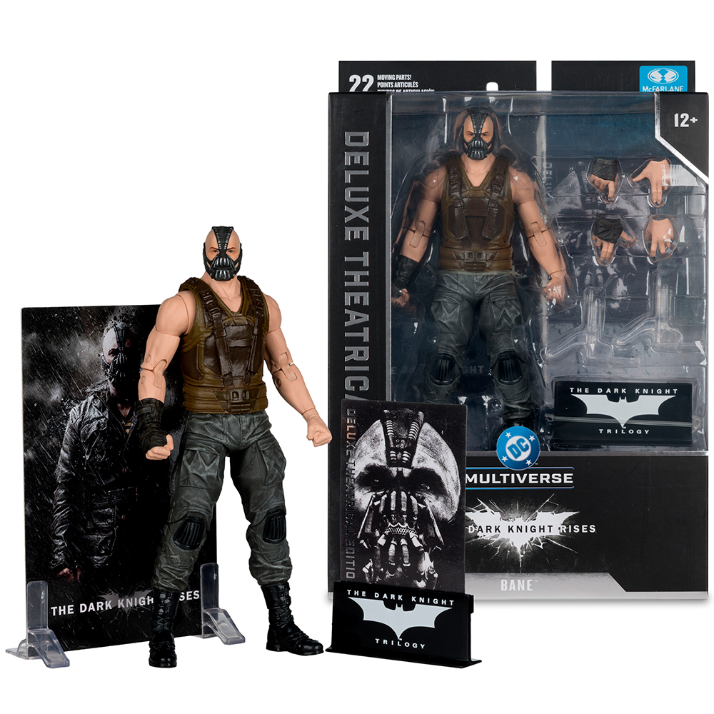 Figura de acción de Bane junto a su empaque, con accesorios y exhibición.