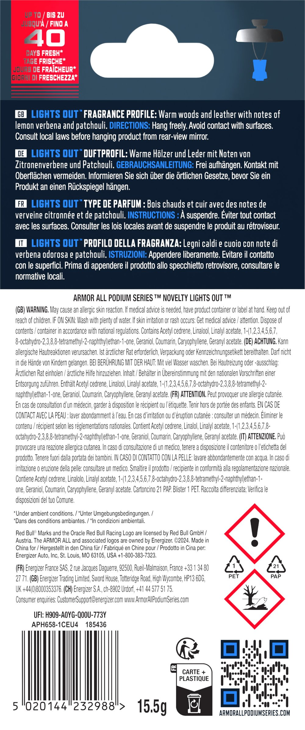 Confezione profumatore auto con avvertenze e informazioni sul prodotto.