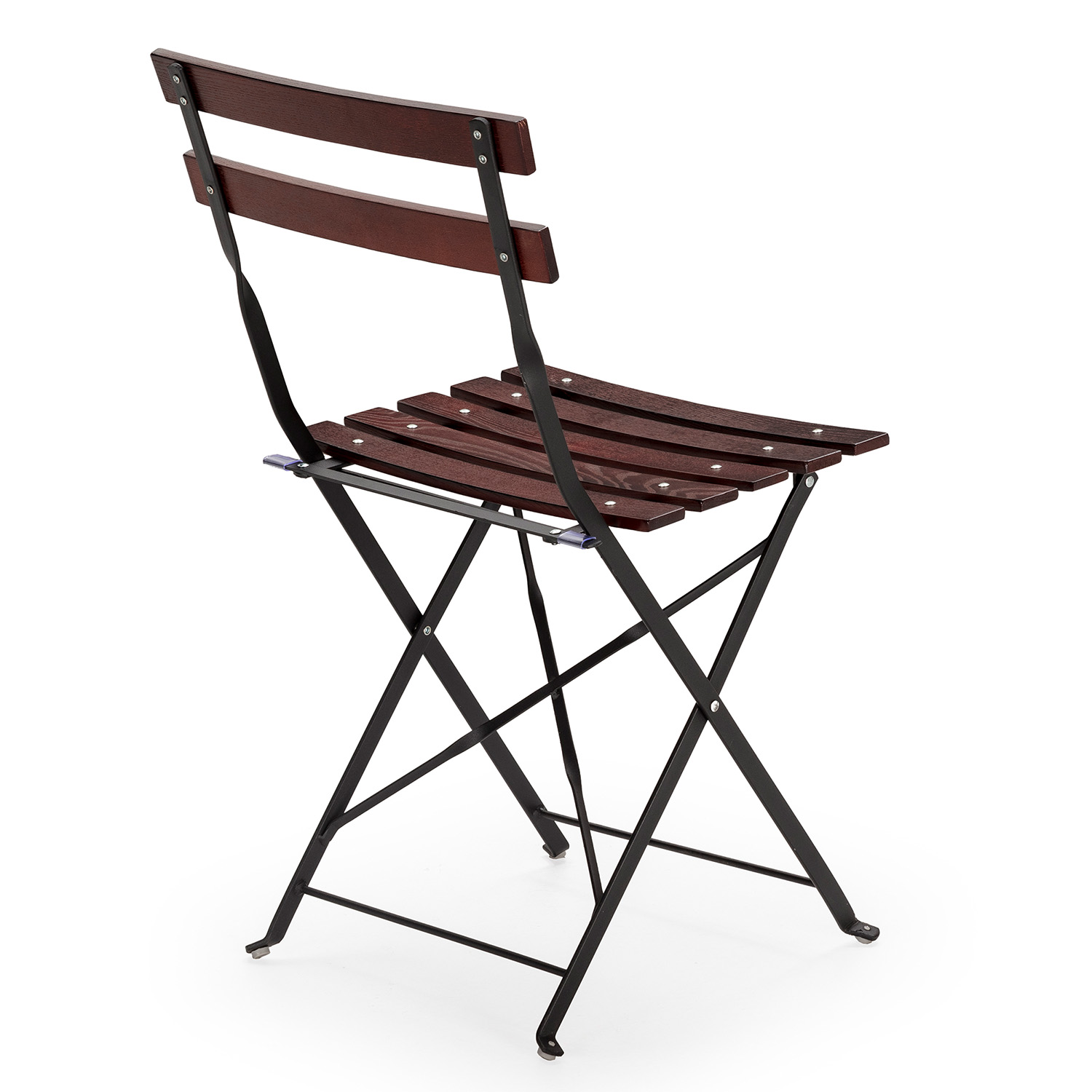 Silla de madera marrón oscuro con estructura de metal negro, vista trasera.