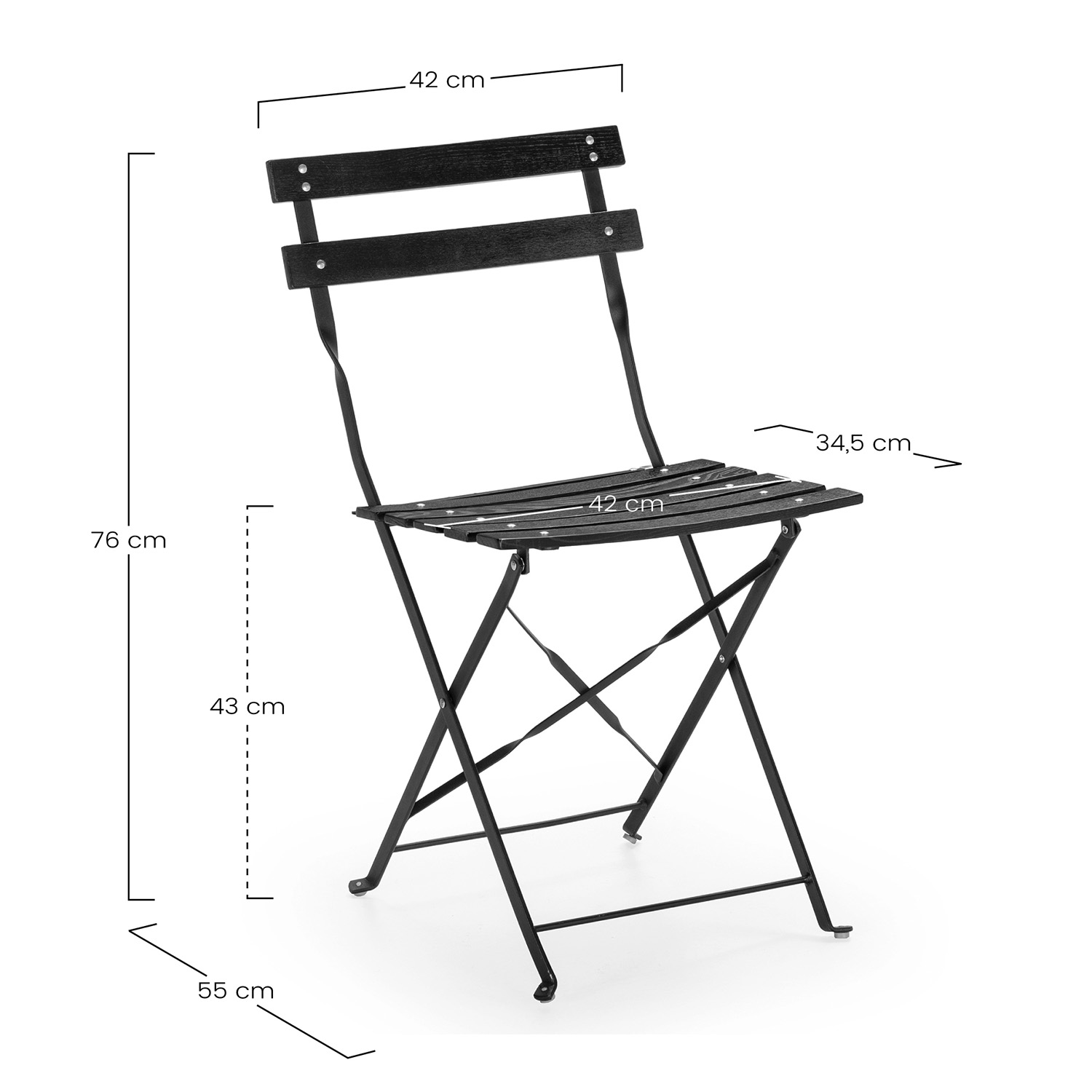 Silla plegable negra de listones de madera, dimensiones: 76cm alto, 42cm ancho.