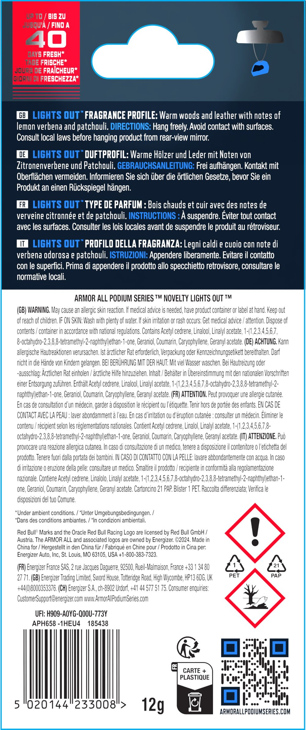 Un contenitore nero con informazioni sul prodotto e simboli di avvertenza.
