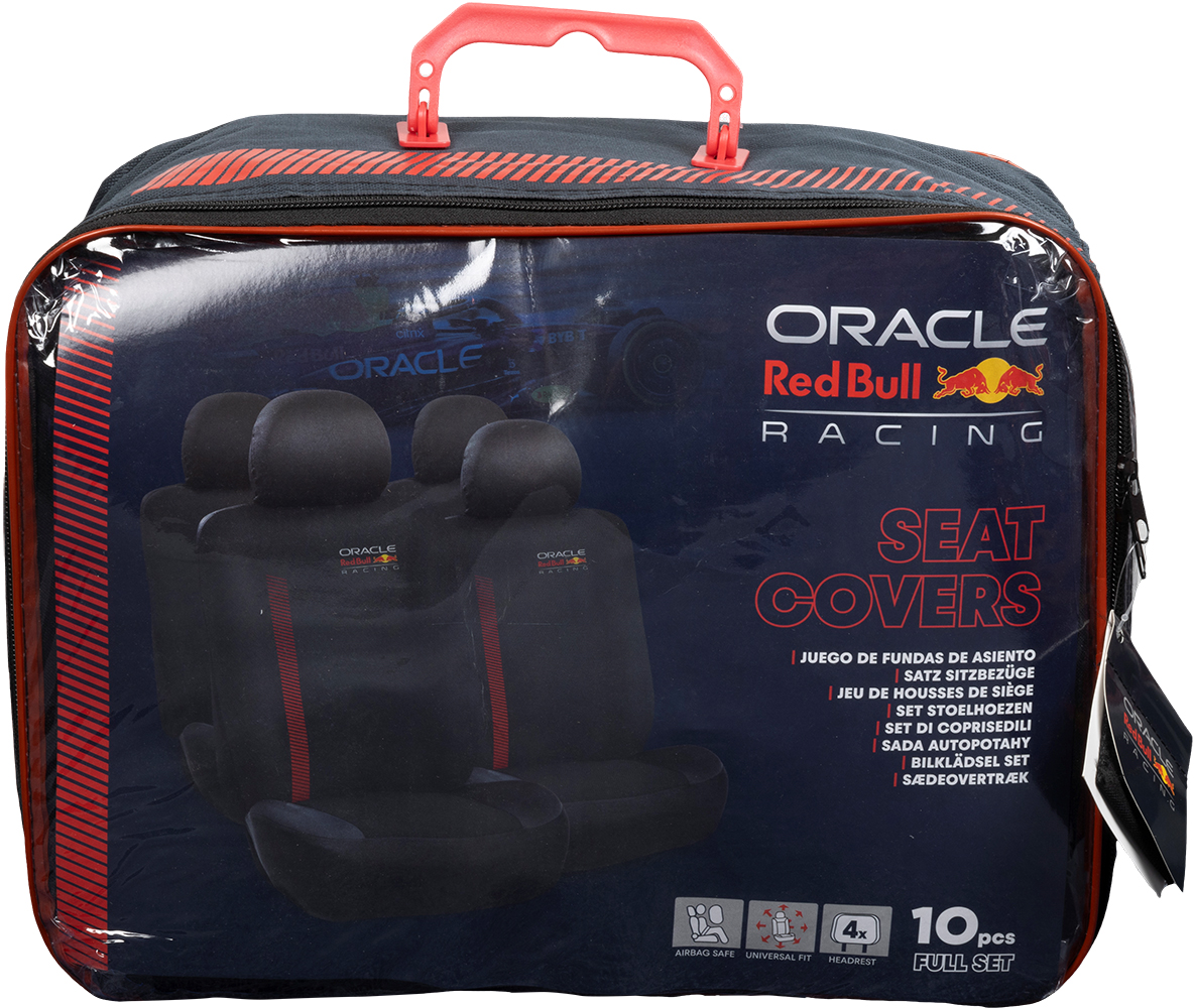 Confezione con coprisedili Oracle Red Bull Racing, mostra quattro coprisedili neri.