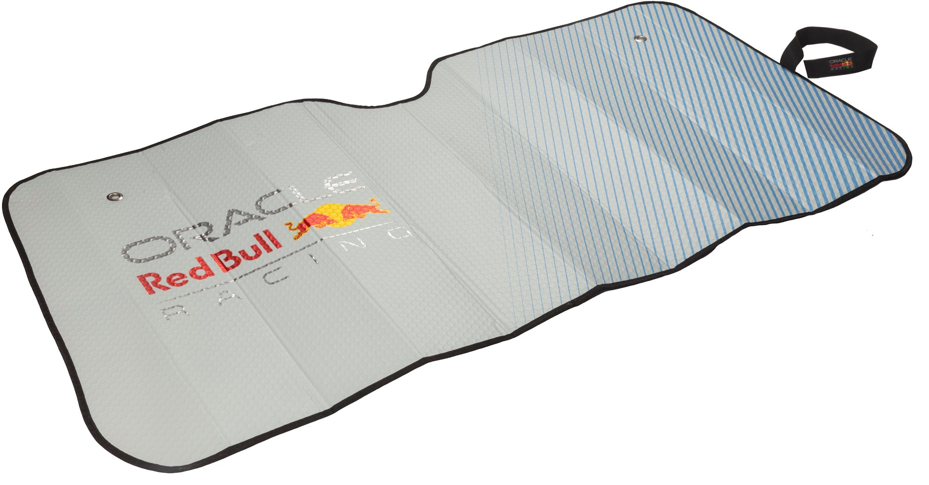 Una tenda da sole grigia con strisce blu e bianche e loghi Oracle Red Bull Racing.