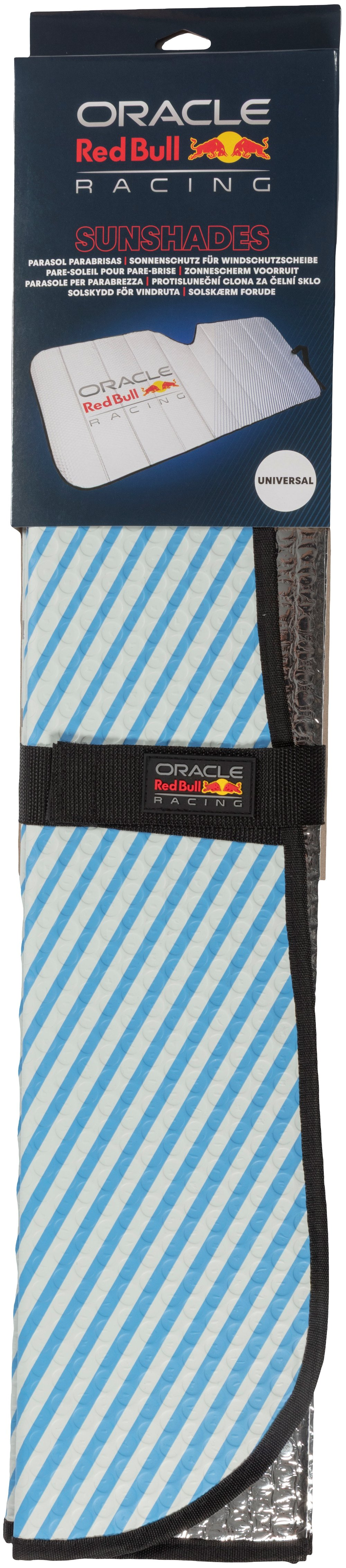 Parasole Oracle Red Bull Racing con strisce blu e bianche ed etichetta universale.