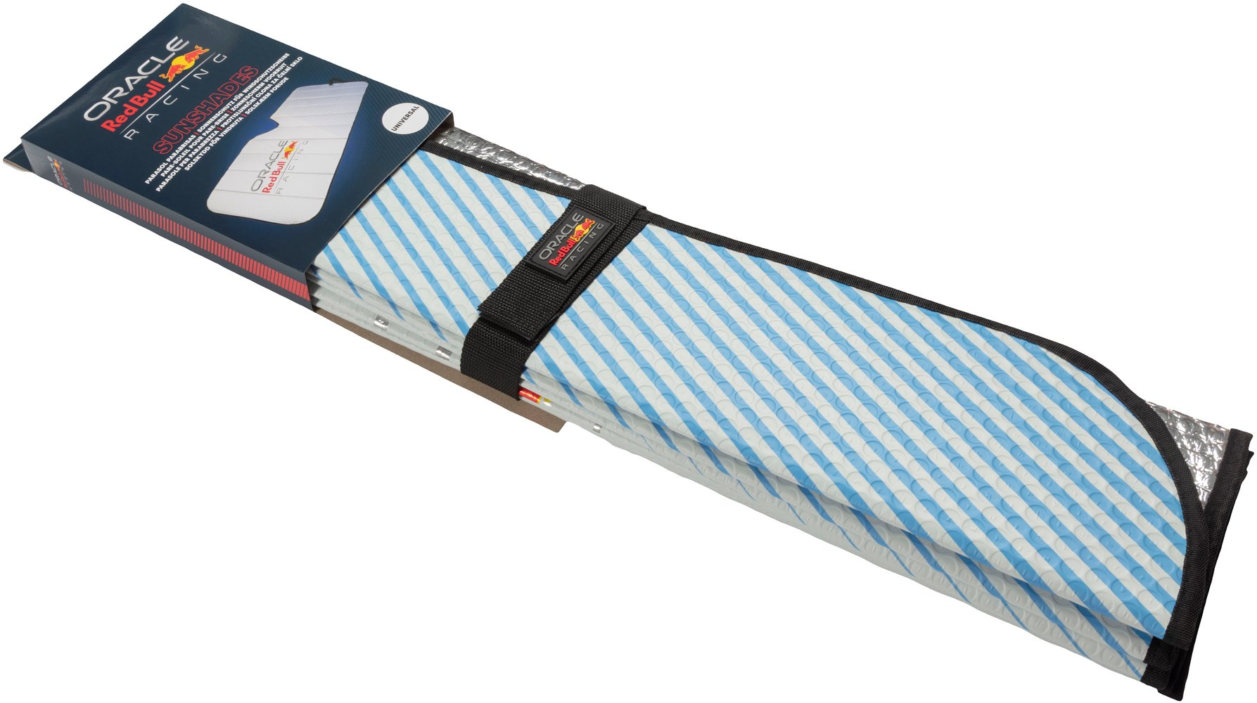 Parasole Oracle Red Bull Racing a righe bianche e blu con retro argentato.