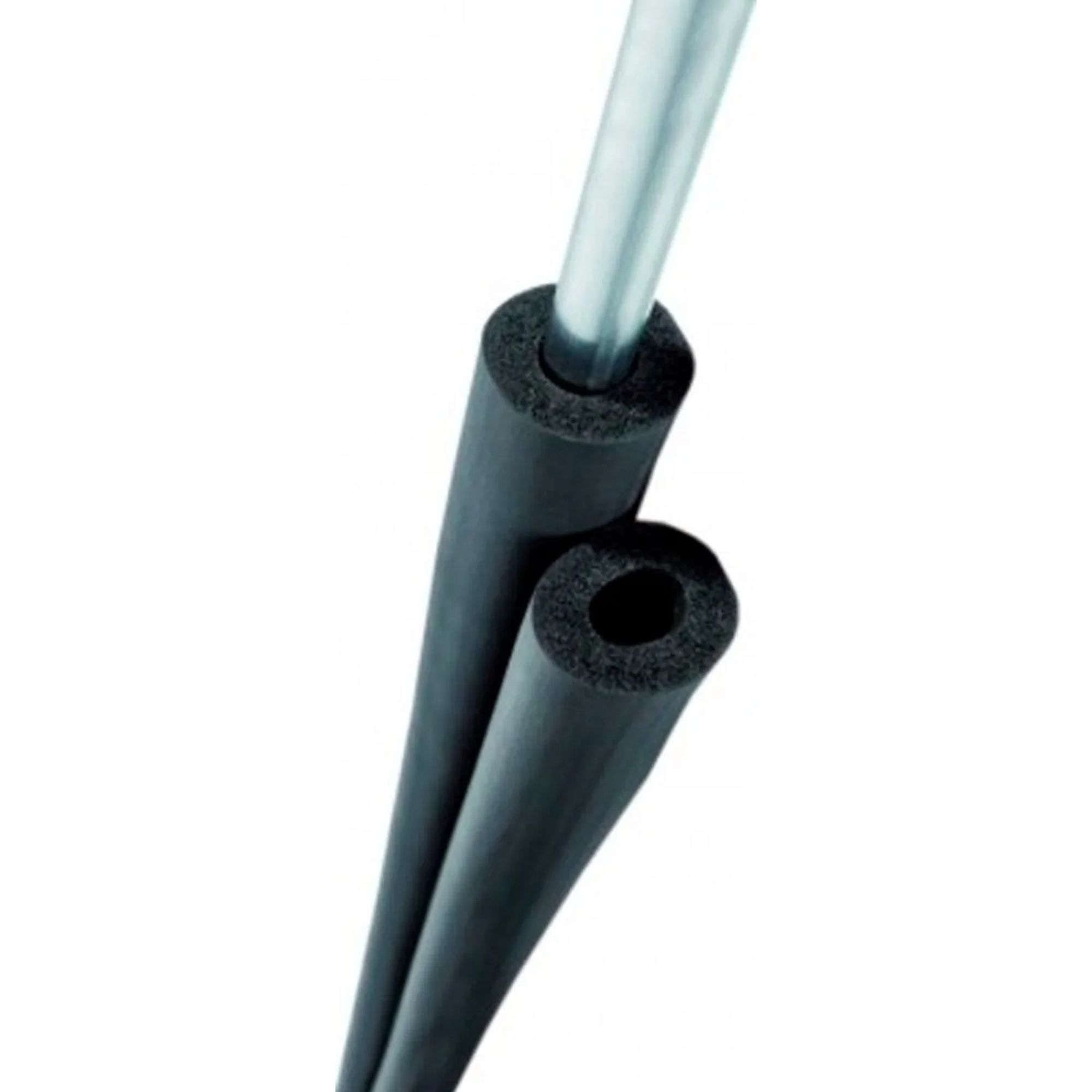 A silver rod is inserted into two black foam tubes.