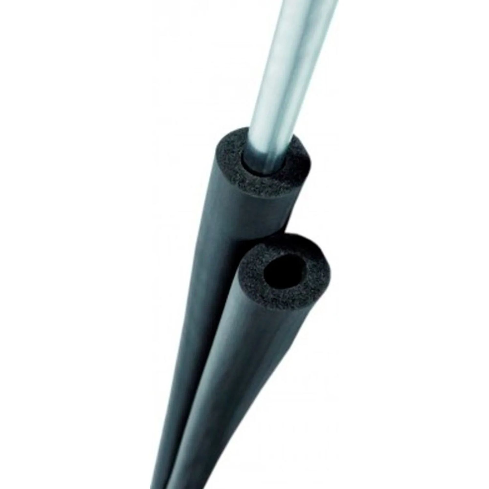 Two black pipe insulations with a silver metal pipe.