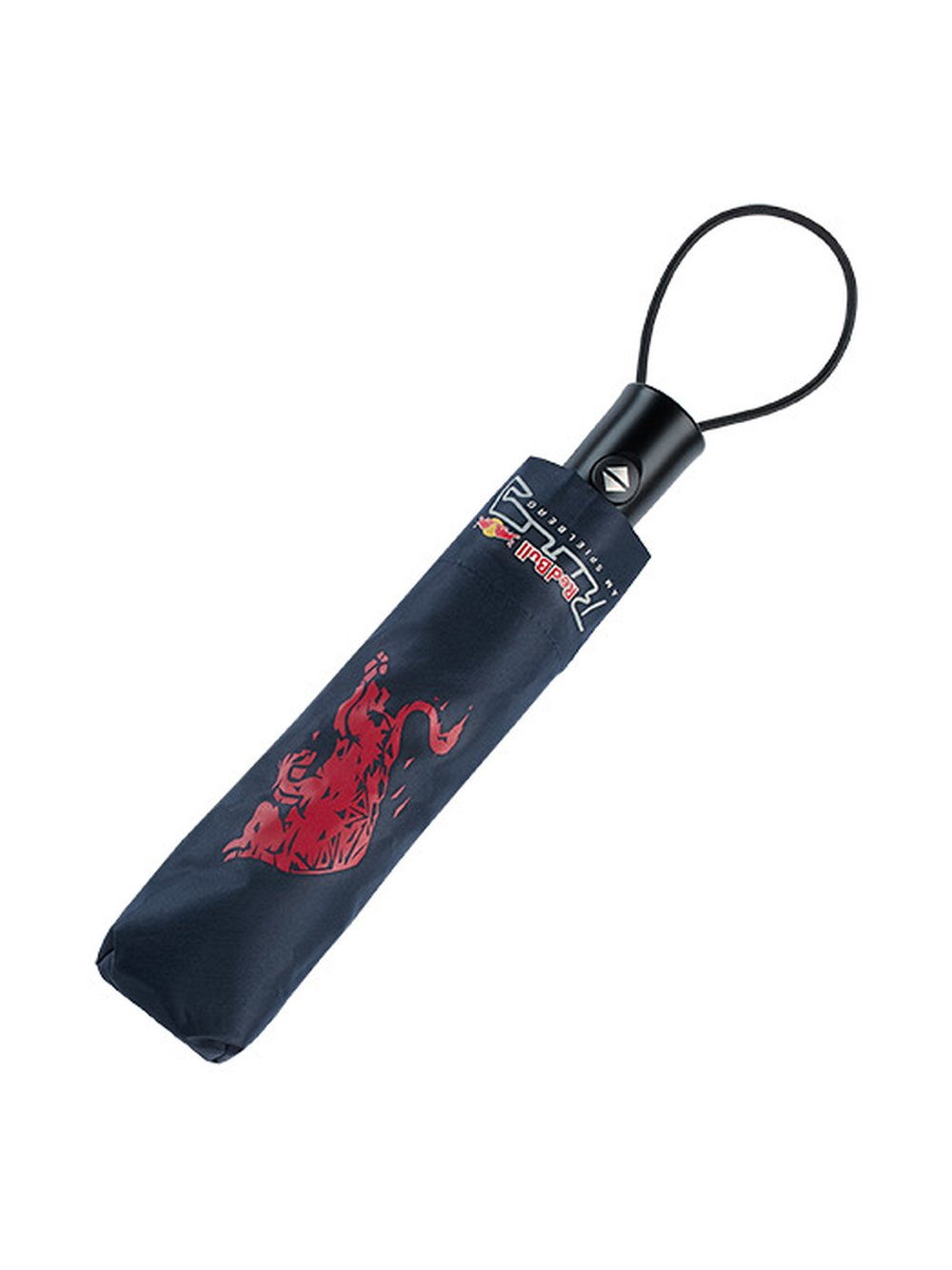 Ombrello blu scuro con logo toro rosso e testo, chiuso.