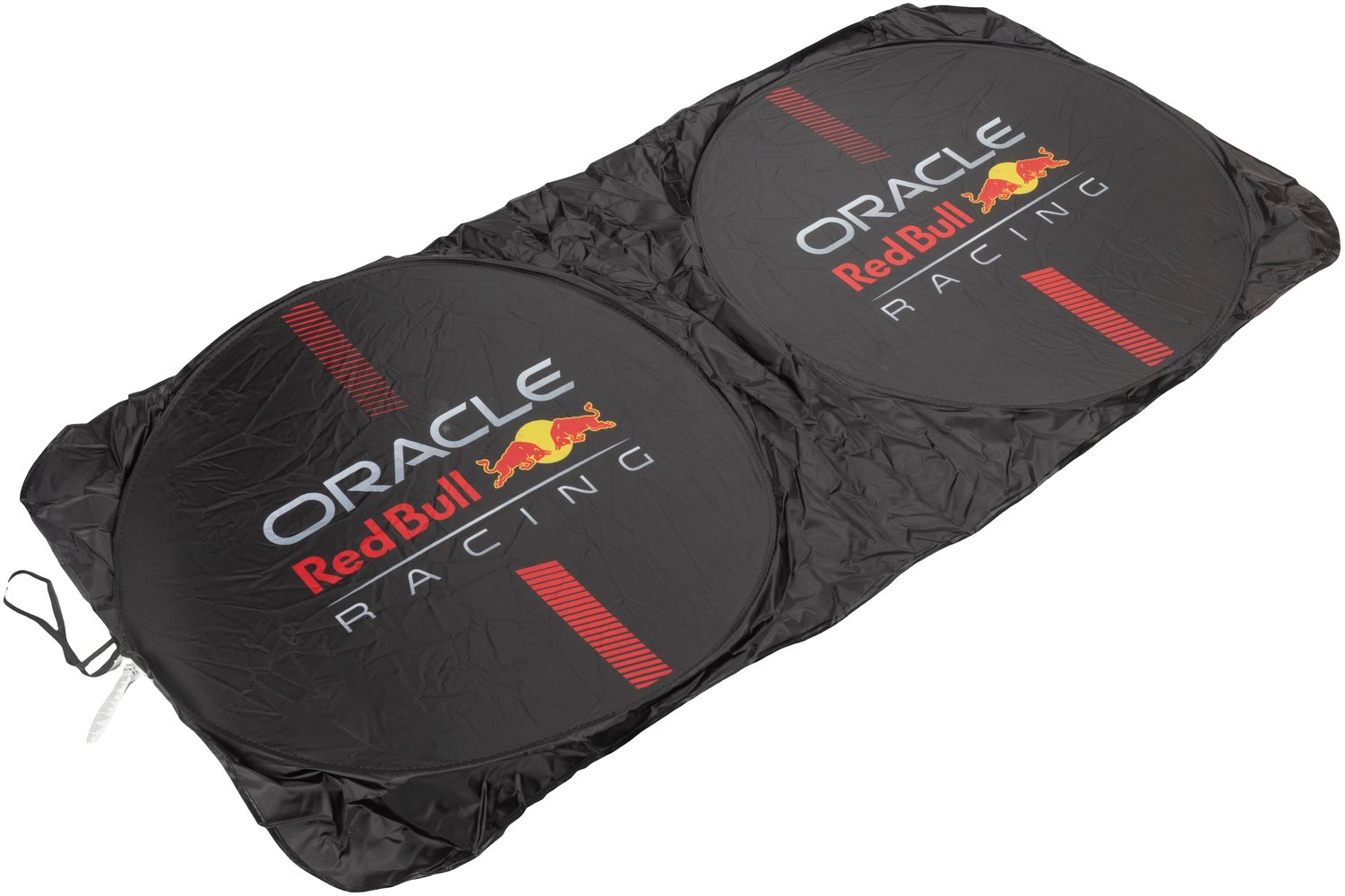 Due parasole neri Oracle Red Bull Racing con loghi e strisce rosse.