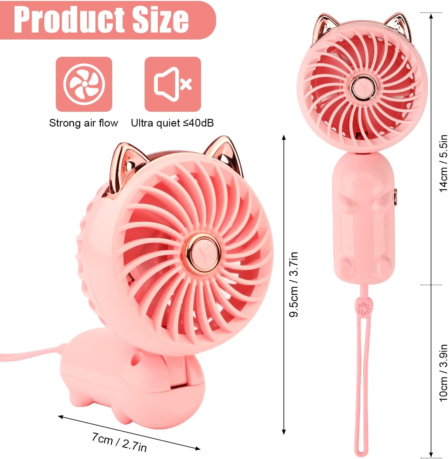 Pinker Mini-Ventilator mit Katzenohren und Maßen. Bietet starken Luftstrom und leisen Betrieb.