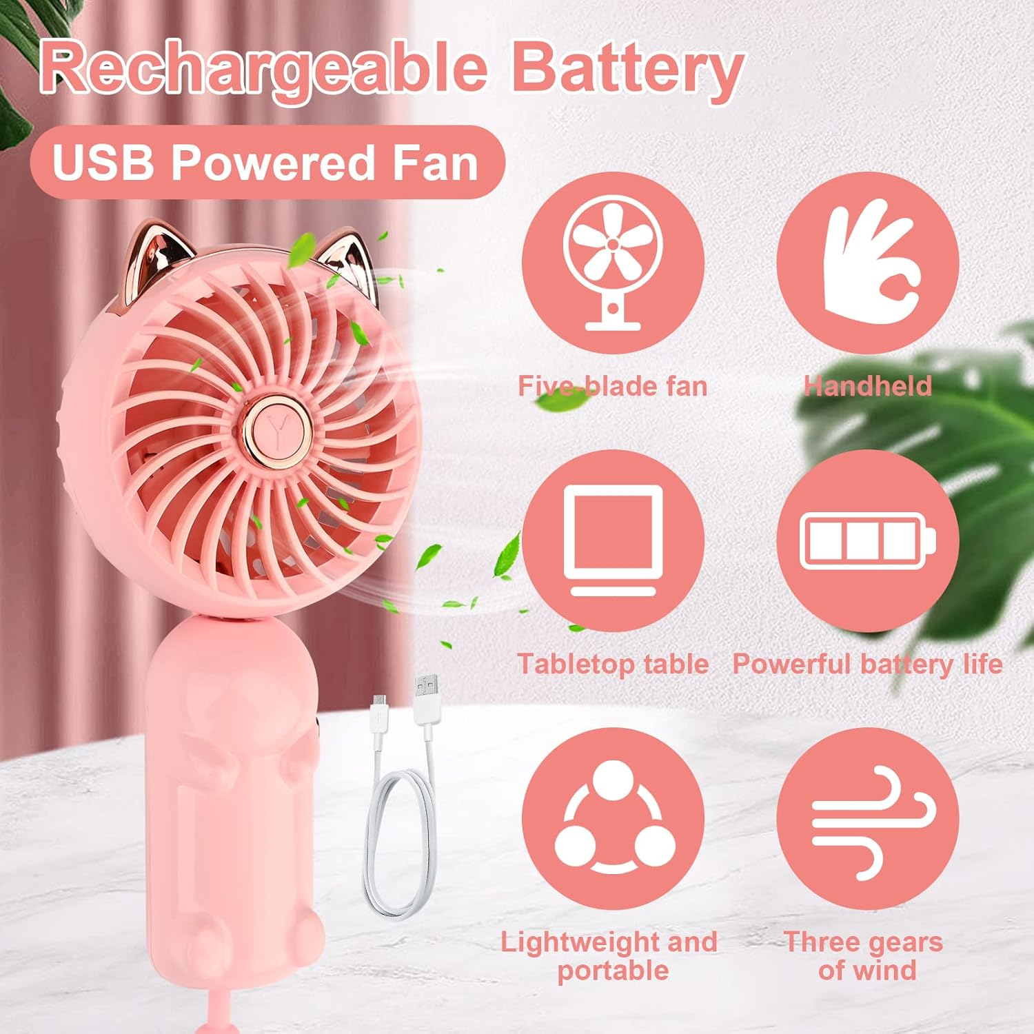Rosa wiederaufladbarer USB-Ventilator mit Katzenohren, Funktionen und Zubehör.