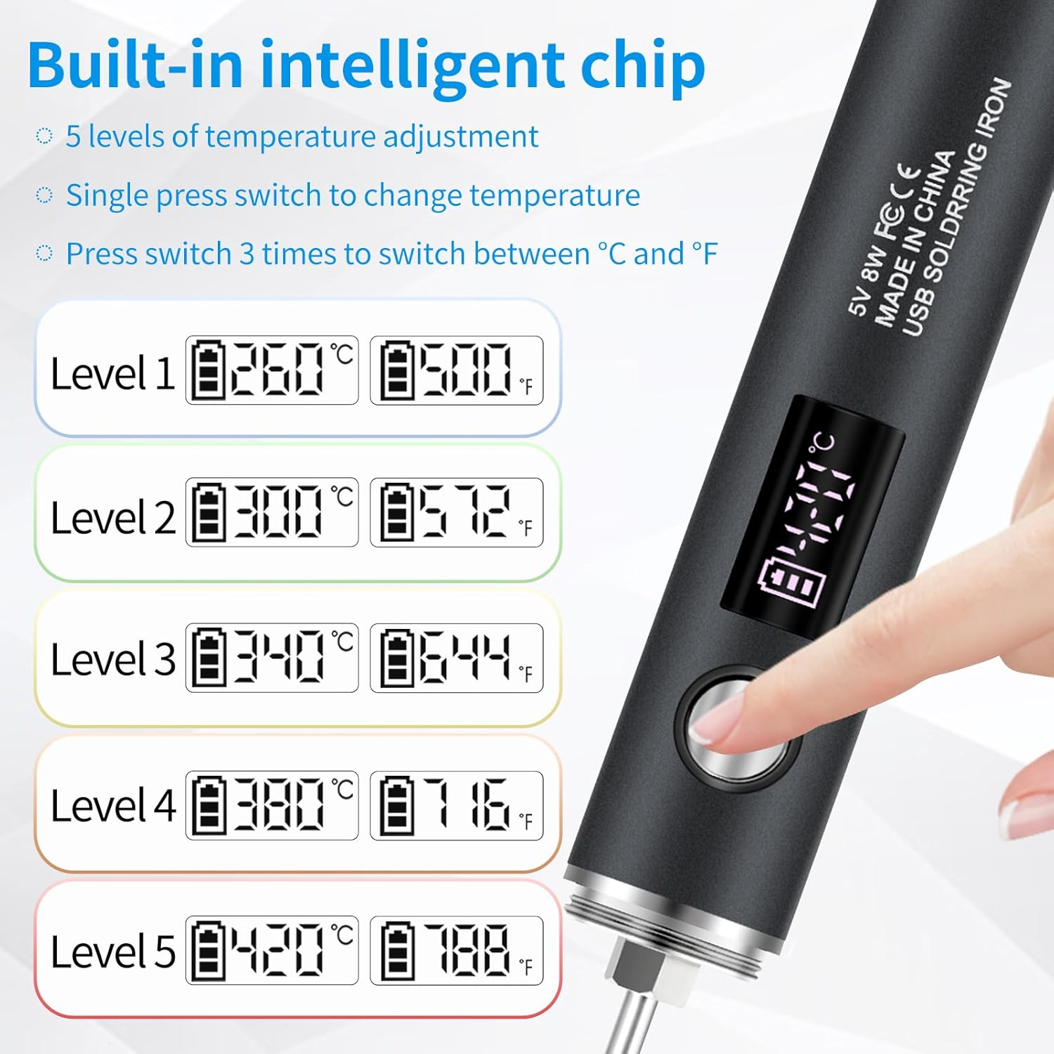 Ein schwarzes Lötgerät mit digitaler Anzeige zeigt Temperaturen von 260°C bis 420°C an.