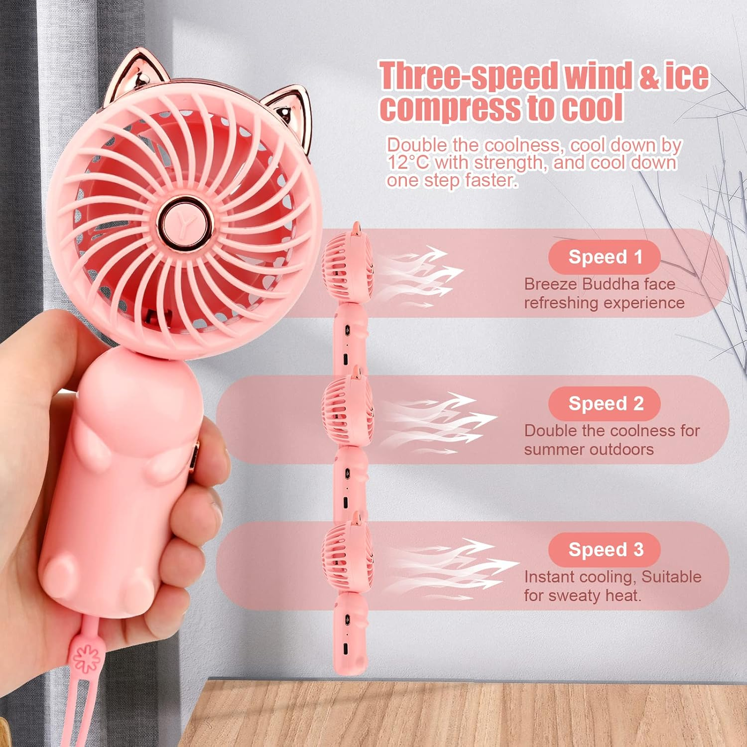 Pinker Katzenohr-Ventilator mit drei Geschwindigkeiten: kühle Brise, doppelte Kühle, sofortige Kühlung.