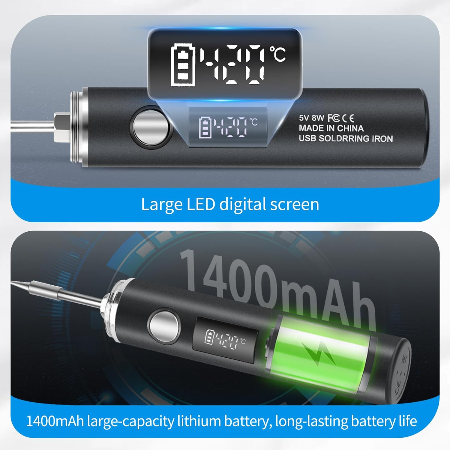 Ein schwarzer USB-Lötkolben mit digitalem Display zeigt 420°C an.