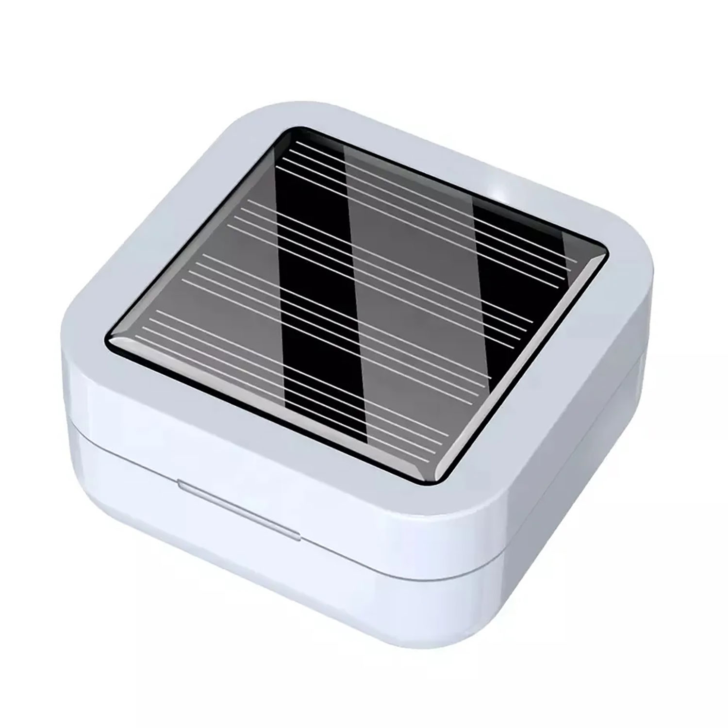 Ein weißes, quadratisches Objekt mit einem Solarpanel auf der Oberseite.