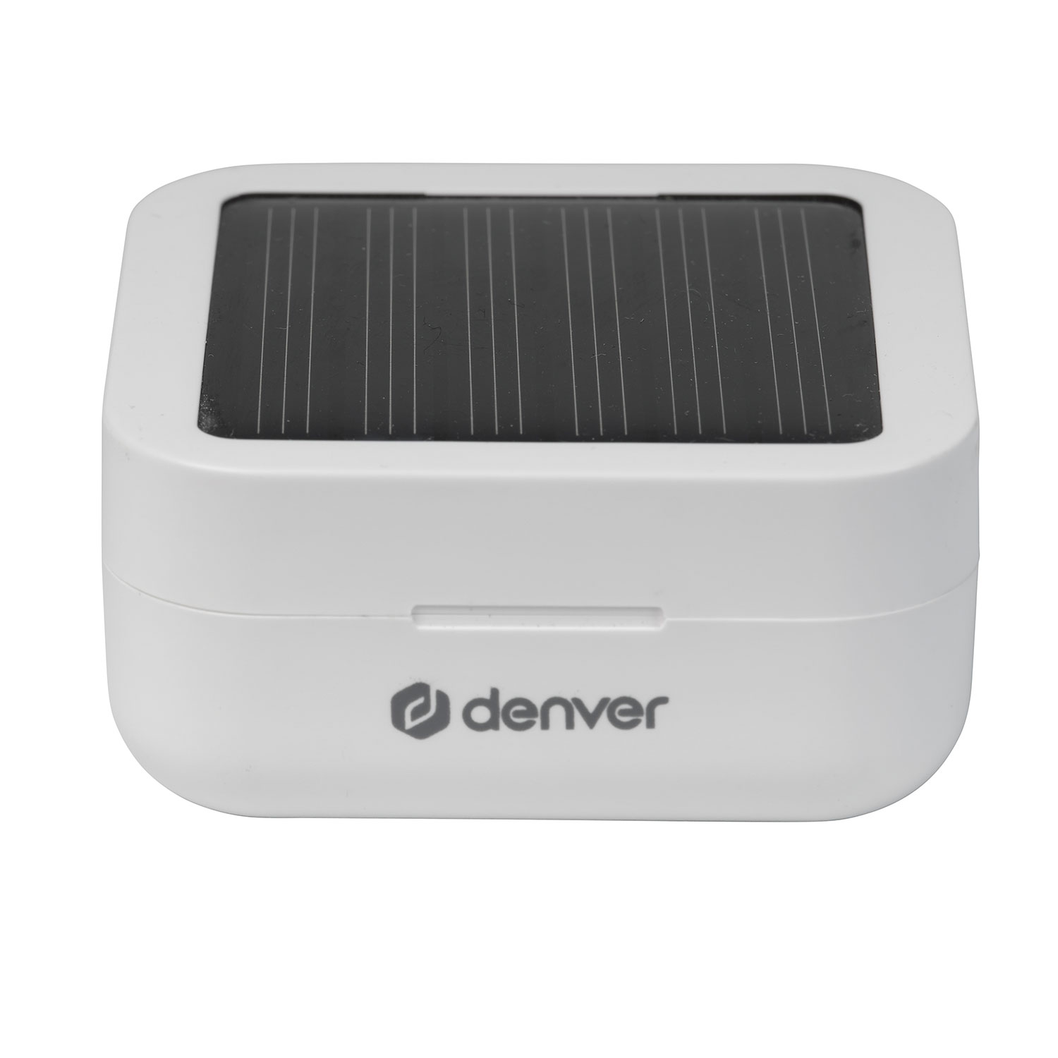 Ein weißes Ladecase mit einem schwarzen Solarpanel und dem Denver-Logo.
