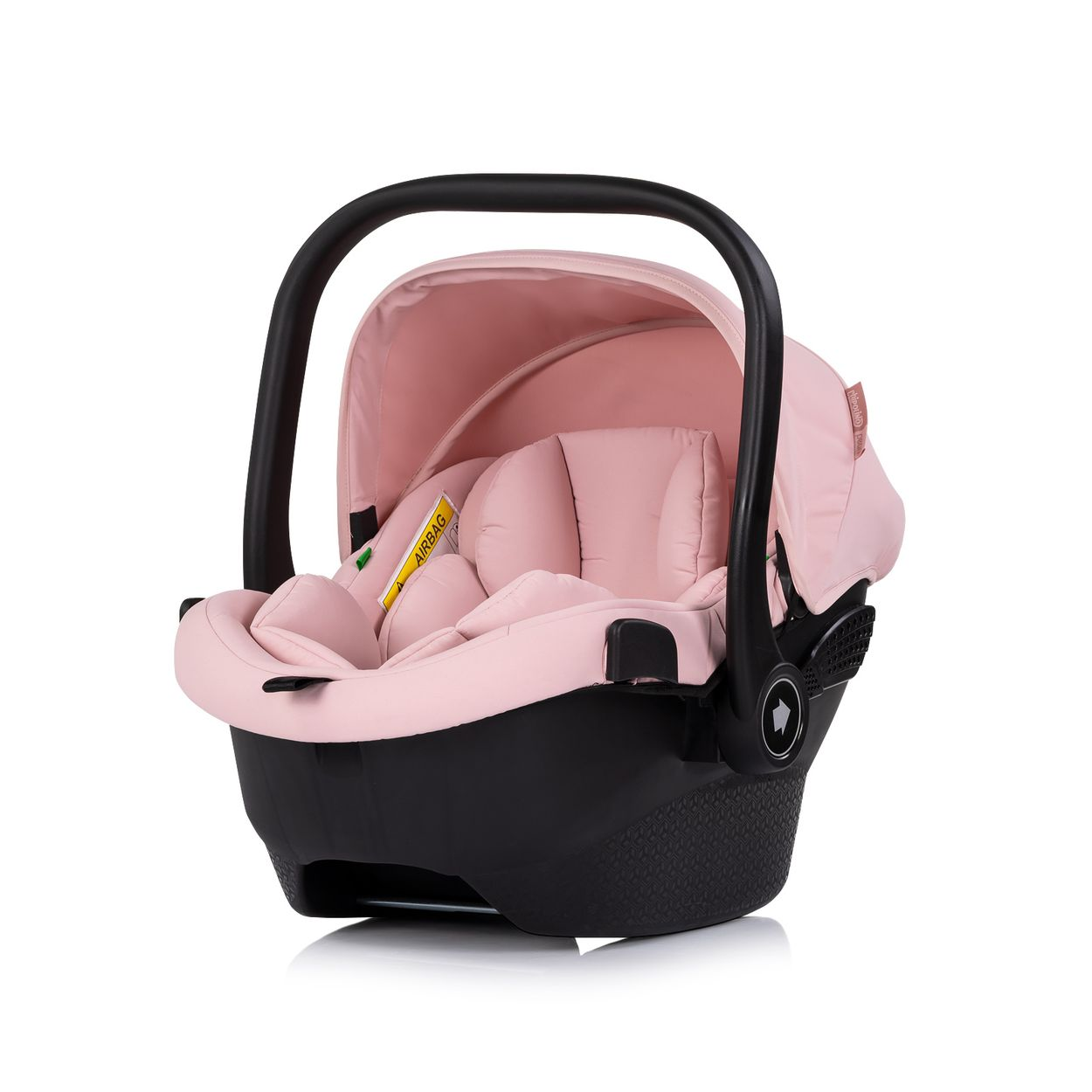 Ein rosafarbener Babysitz mit schwarzem Griff und Basis auf weißem Grund.