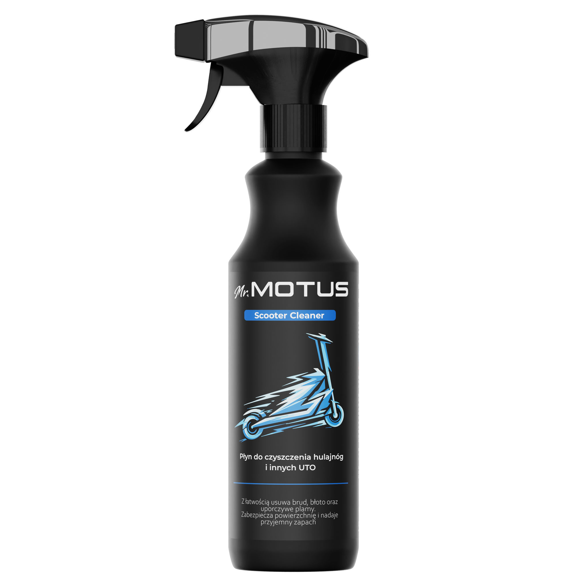 Schwarze Sprühflasche mit blauem Roller-Logo und Text 'Scooter Cleaner'.