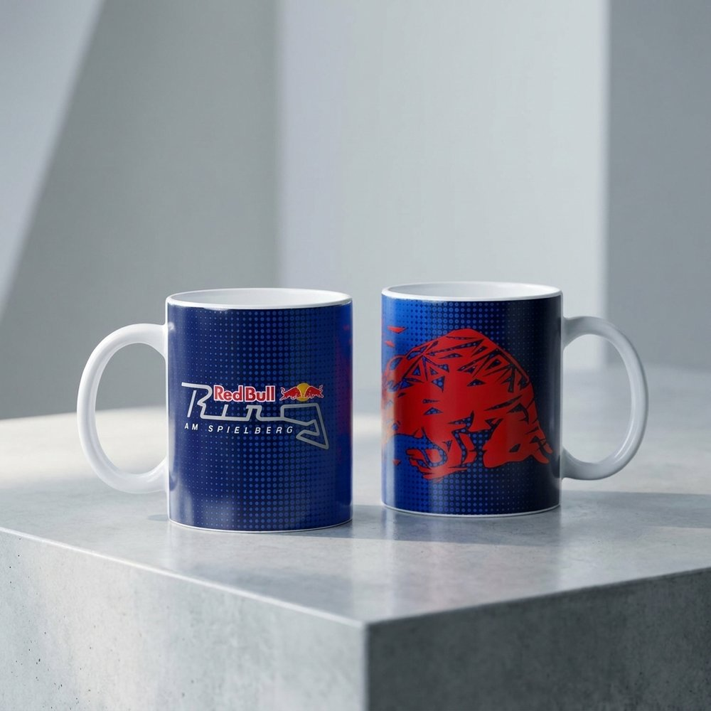 Due tazze blu con logo Red Bull e design pista su tavolo di pietra.