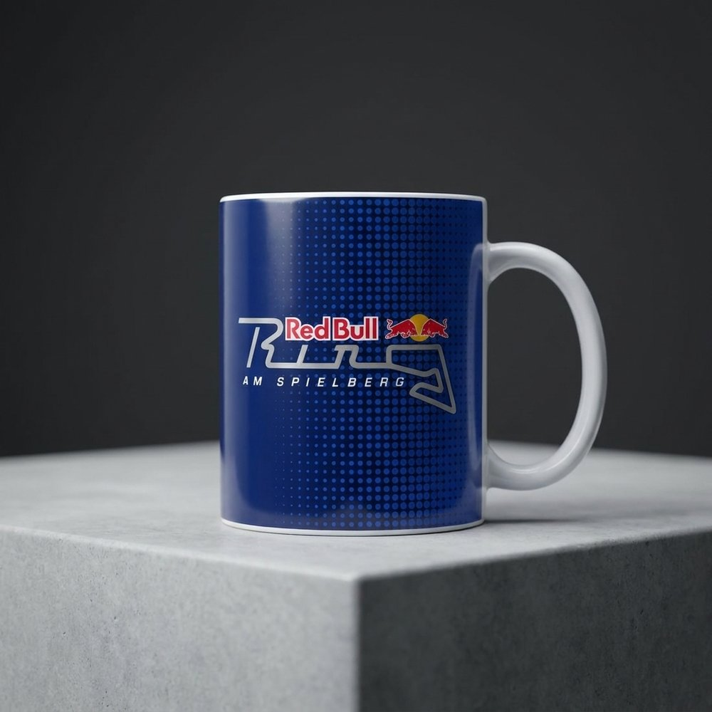 Tazza blu con logo Red Bull e design pista da corsa.