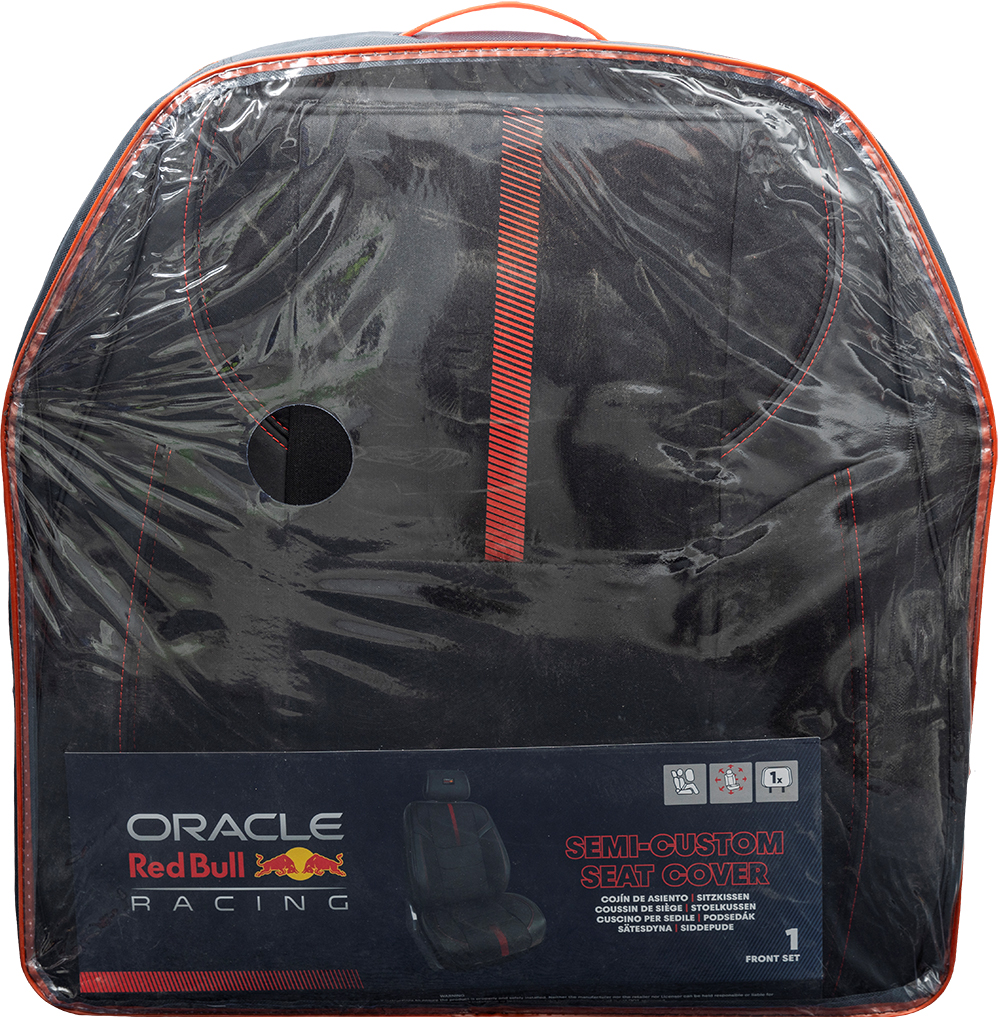 Coprisedili confezionati con logo Oracle Red Bull Racing e cuciture rosse.