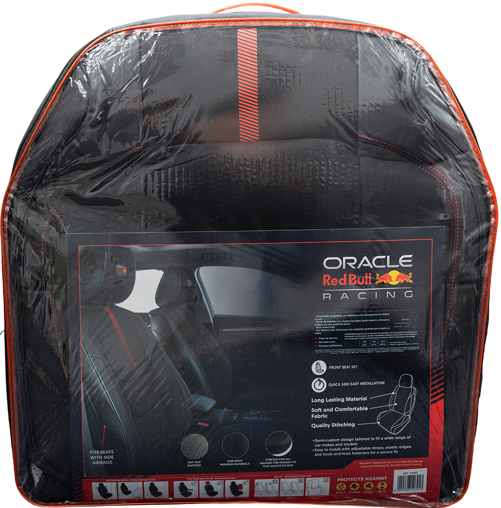 Coprisedile nero con accenti rossi, logo Oracle Red Bull Racing, imballato.