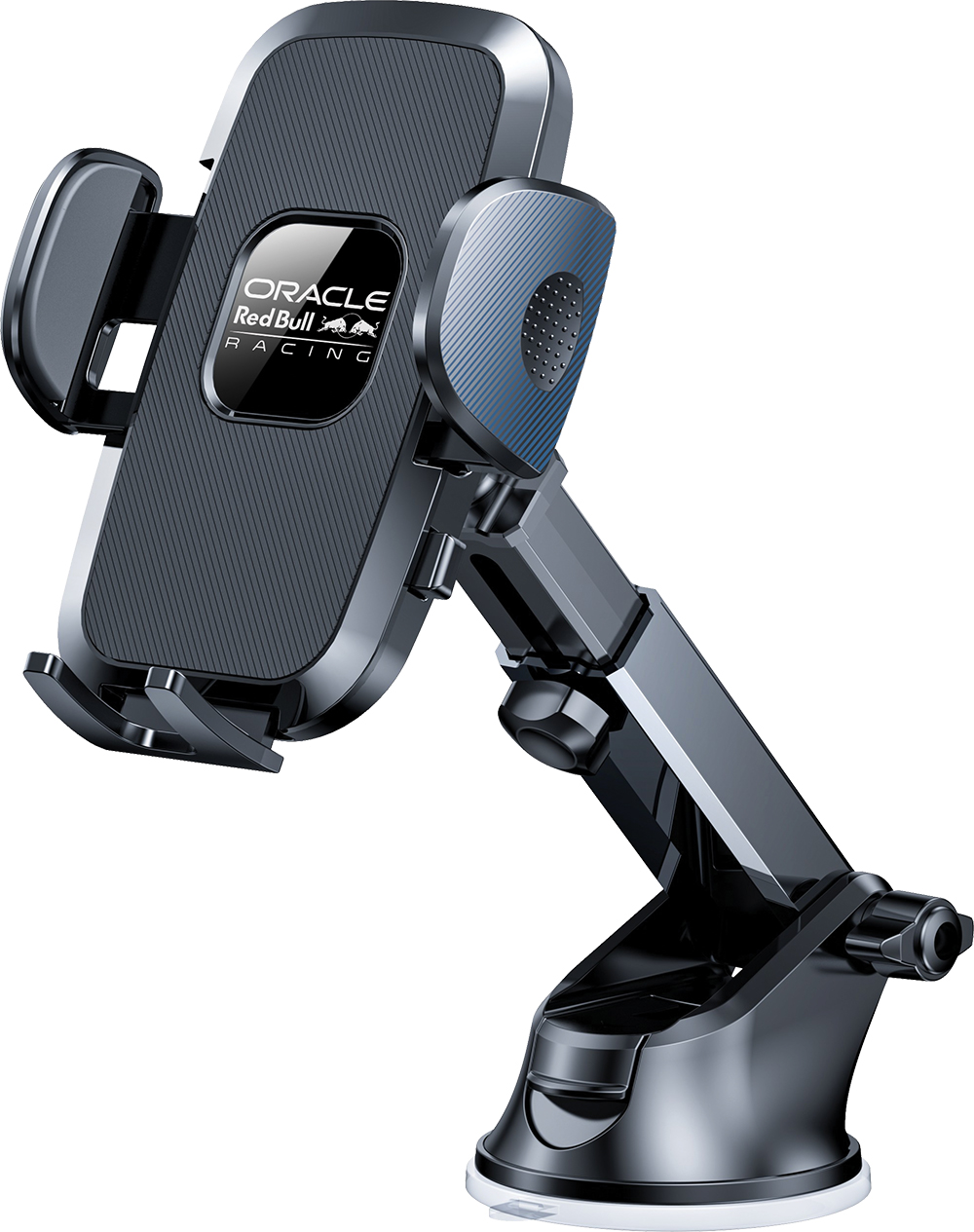 Supporto per telefono auto grigio scuro con logo Oracle Red Bull Racing, braccio regolabile, ventosa.